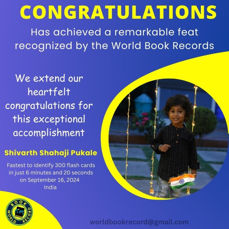 Shivarth Shahaji Pukale Bagged Fastest to identify 300 flash cards in just 6 minutes and 20 seconds on September 16, 2024